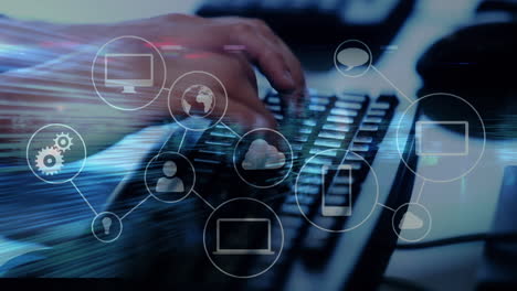 animation of network of connections with icons over person typing on computer keyboard