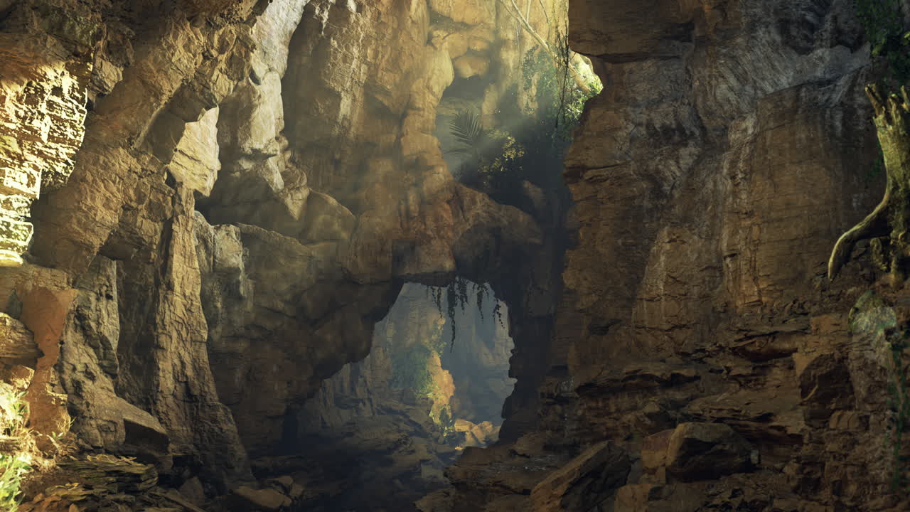 Exploring a vast cave with dramatic rock formations and soft light