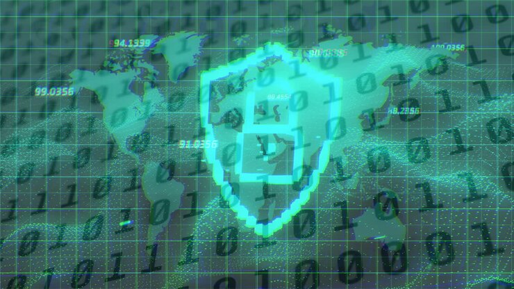 Security padlock and shield icon over world map and binary coding data processing