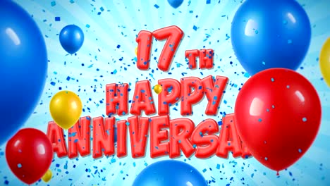 el texto rojo del feliz 17 aniversario aparece en las explosiones de confeti popper que caen y las partículas de brillo, los coloridos globos voladores, la animación de bucle sin fisuras para los deseos, el saludo, la fiesta, la invitación, la tarjeta.