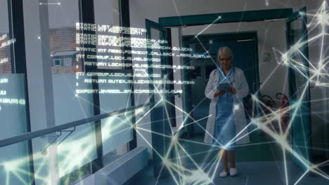 animation of connections over caucasian female doctor using tablet in hospital