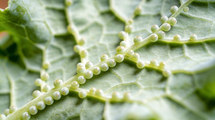 Adjusting operator moving camera along leaf vein, revealing pale spherical eggs and surface texture