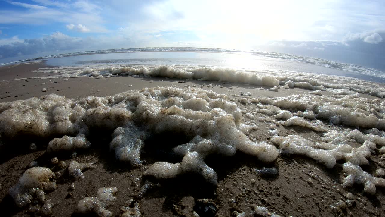 espuma de algas en tormenta en la playa, playa de arena con olas, mar del norte, jutlandia, sondervig, dinamarca, 4k