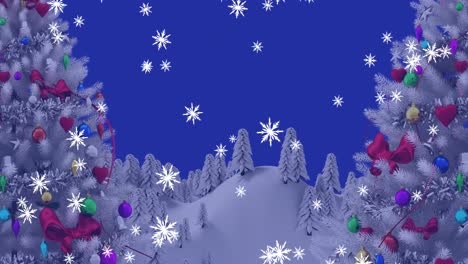 Animation-Von-Weihnachtsbäumen-Und-Schnee,-Der-über-Die-Winterlandschaft-Fällt