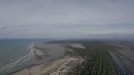 Drohnenvideo-über-Dem-Naturpark-Divjake-Karavasta,-Frontalaufnahme,-Die-über-Das-Ufer-Des-Strandes-Und-Die-Bäume-Vorrückt