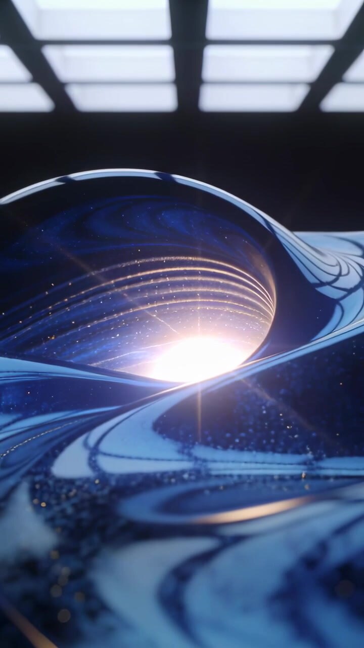 Vertical video: Pulsing gold light growing inside glossy blue vortex in studio, casting starburst