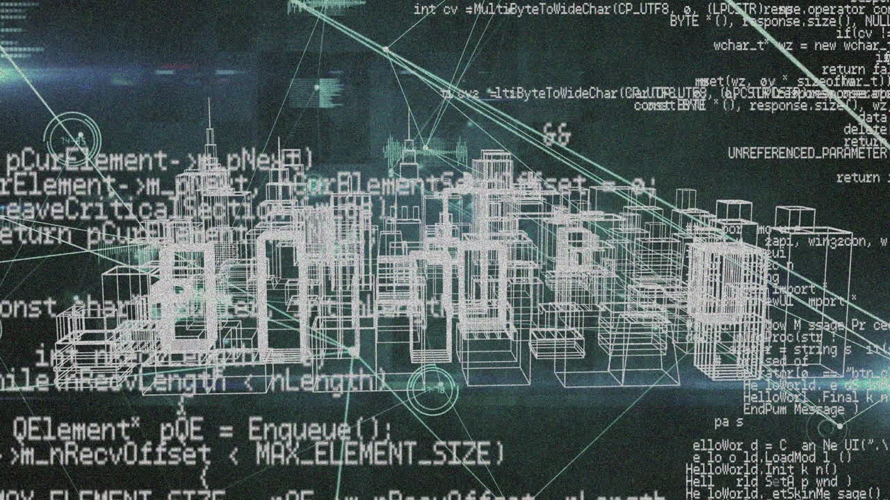 디지털 도시 풍경 위의 데이터 처리 애니메이션