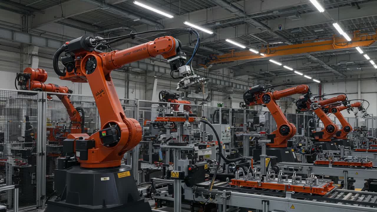 Automated Manufacturing: A High-Tech View of Robotic Arms in Action within a Modern Industrial Facility, Showcasing Precision and Efficiency in Production Processes