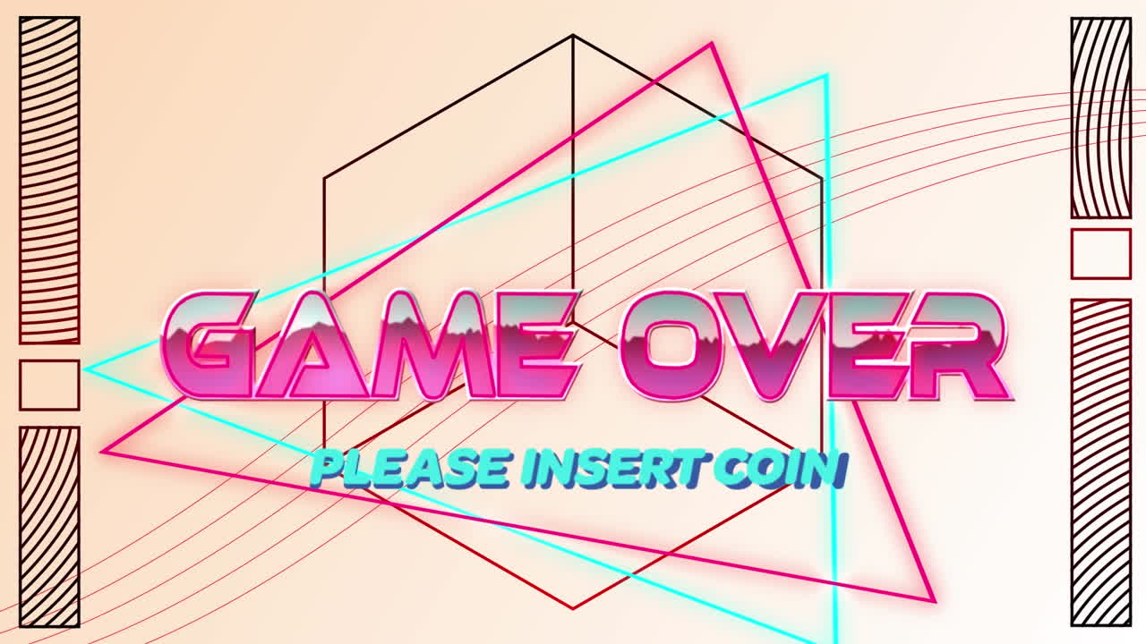 animación del juego en color rosa metálico con por favor insertar texto de moneda, sobre líneas de neón y hexágono