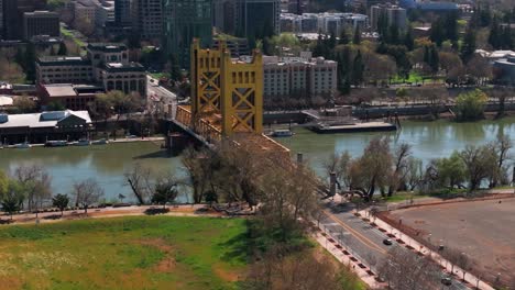 Telephoto-drone-shot-of-the-Tower-Bridge-in-Sacramento-California-midday