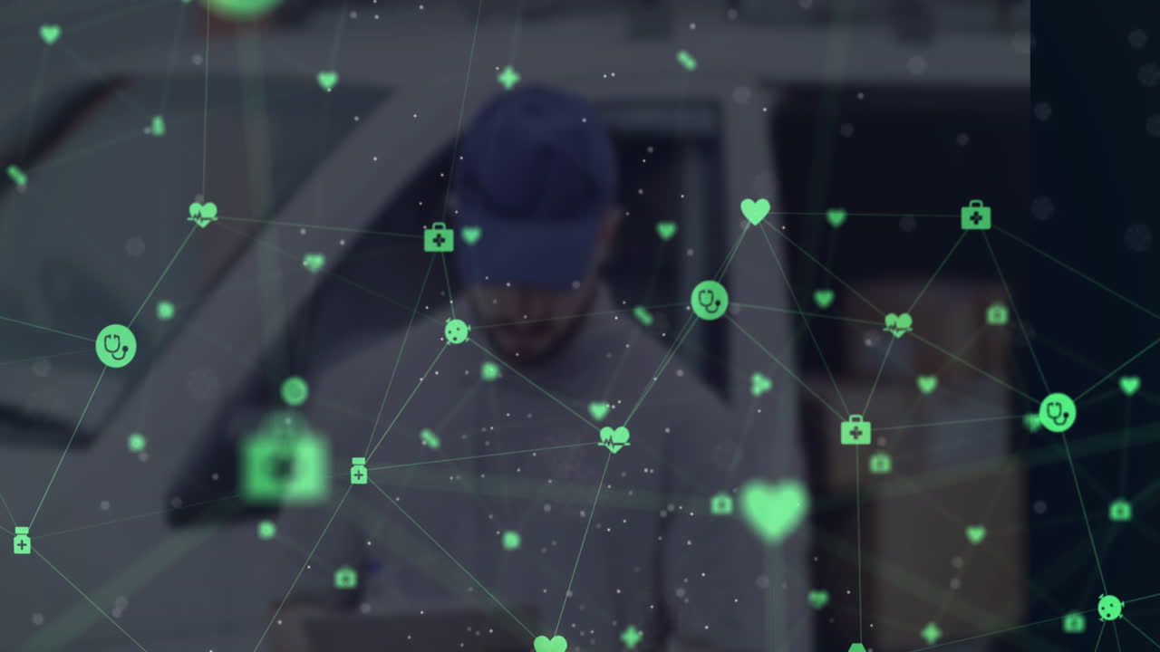 백인 남성 배달자에 대한 연결 네트워크의 애니메이션