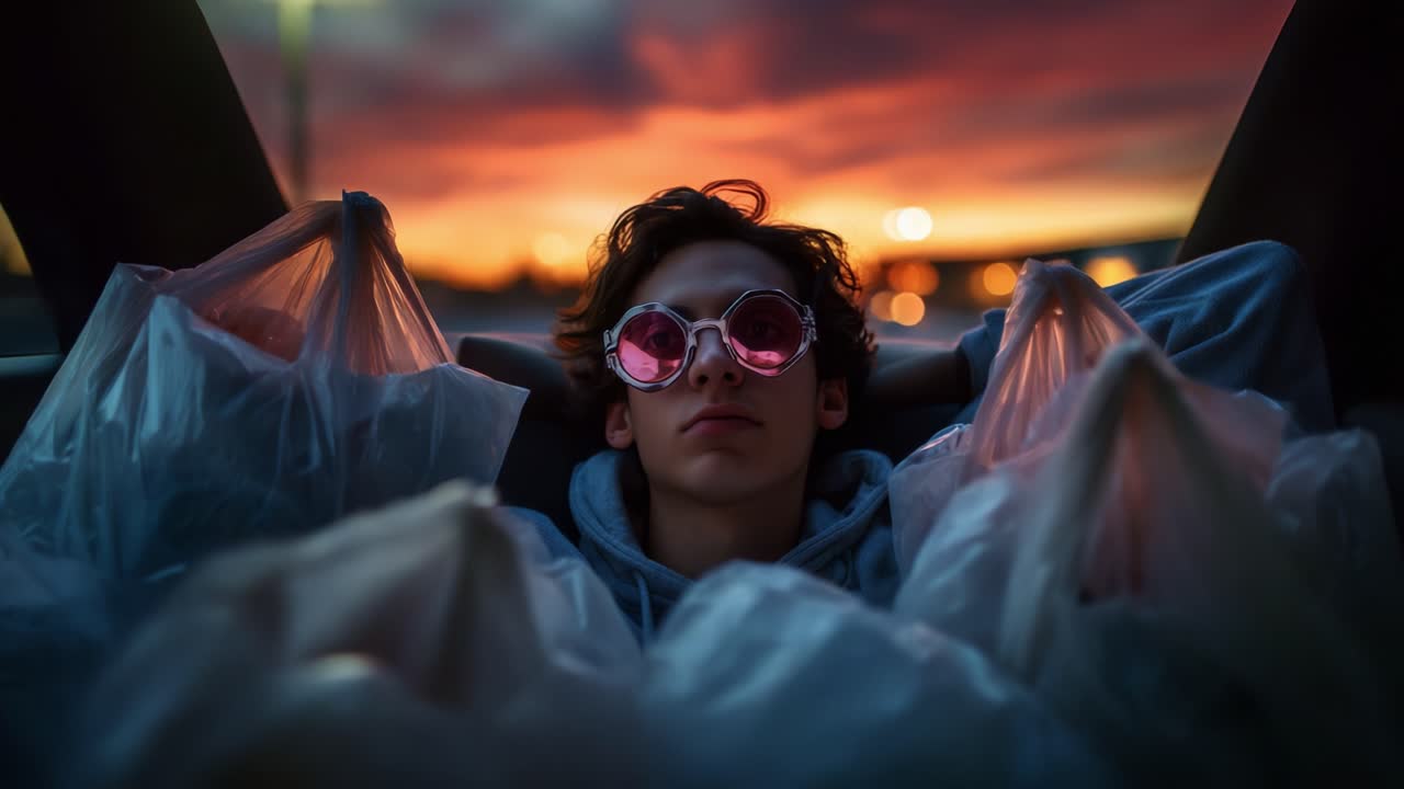 Uma pessoa jovem sentada confortavelmente entre bolsas, usando óculos de sol rosa estilosos, iluminada por um pôr do sol impressionante, exibindo uma atitude relaxada e despreocupada contra um céu vibrante