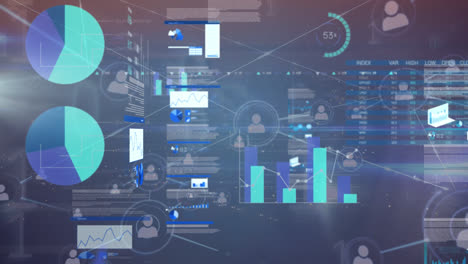 animation of network of connections with icons over data processing