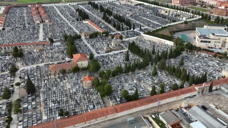 Thousands-of-tombs-in-graveyard,-aerial-view