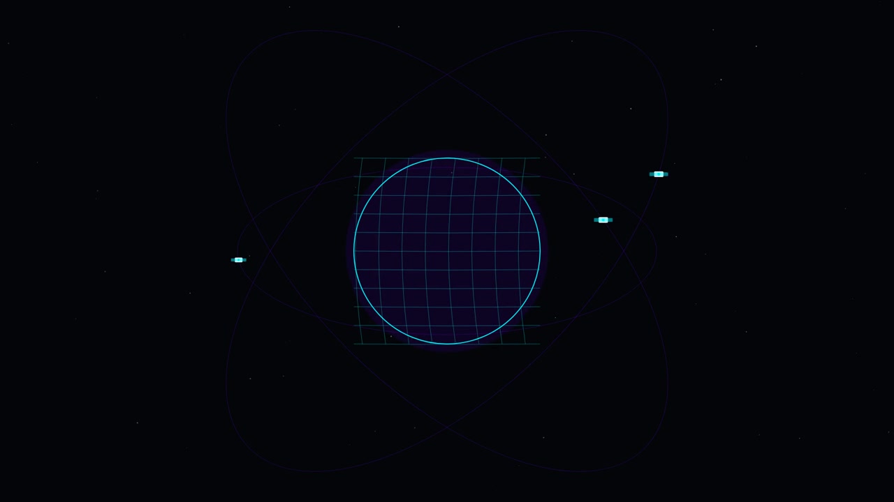 Animação abstrata digital de satélites orbitando ao redor de uma esfera brilhante