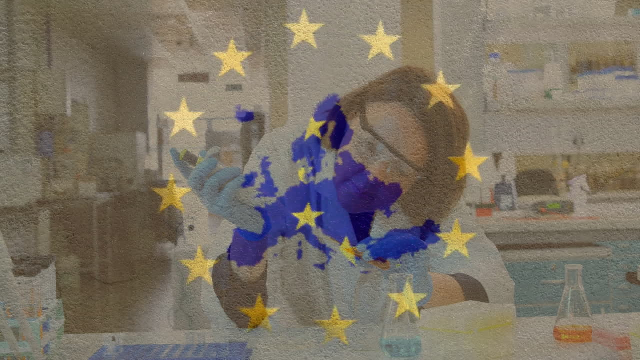 In lab, scientist conducting research with European Union flag animation overlay