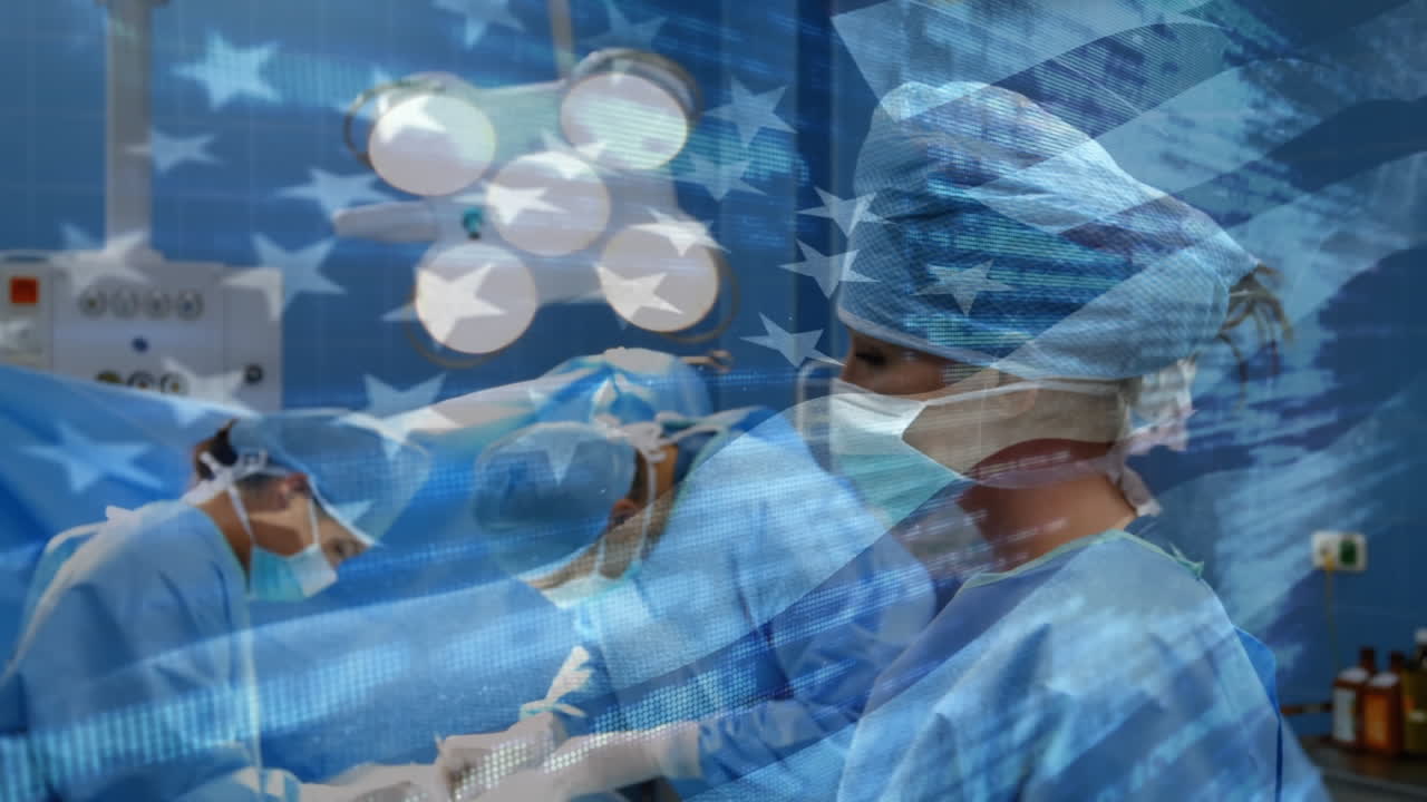 수술실 에서 외과 의사 들 위 에 흔들리는 미국 국기 의 애니메이션