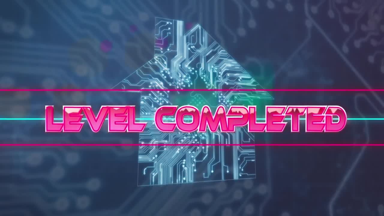 마이크로프로세서 연결에 네온 배너에 수준 완료 텍스트 파란색 배경에 집을 형성