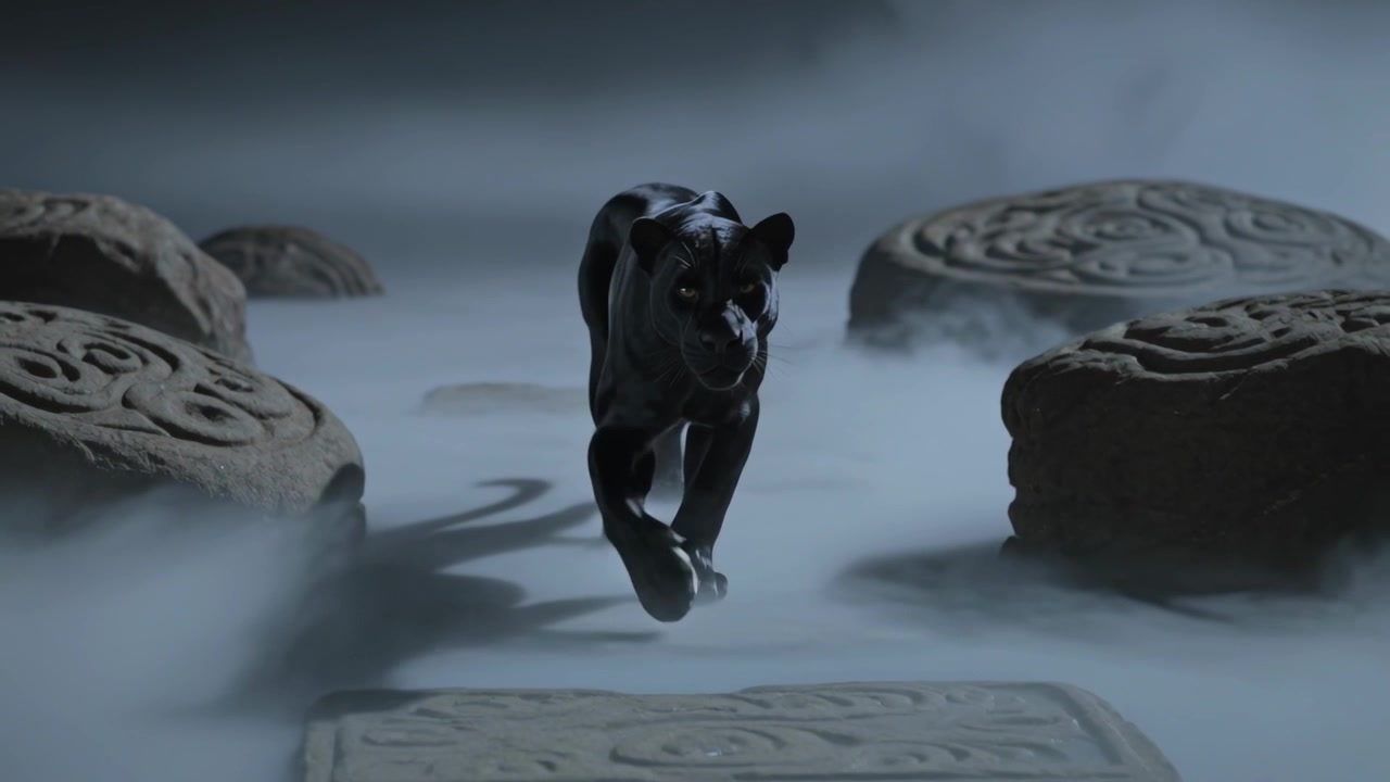Striding black panther moving along fog covered carved stone path, with rounded stone motifs