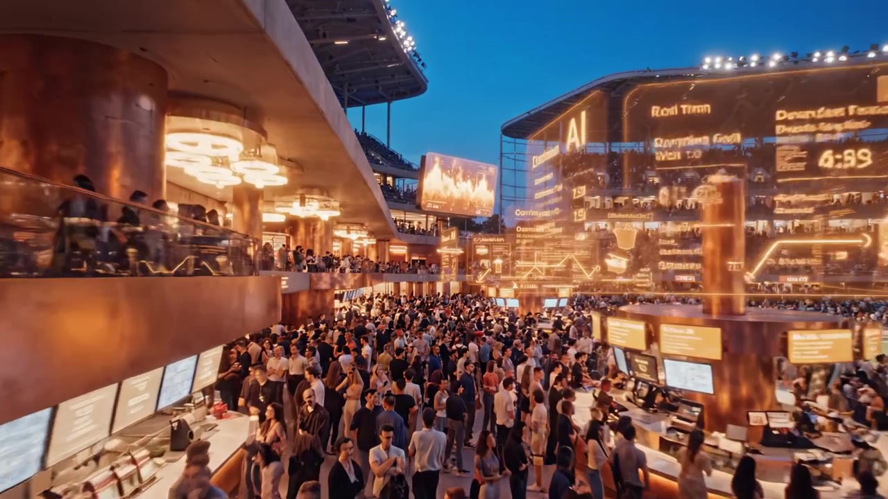 Una folla vivace che si gode un evento serale in un moderno impianto sportivo, illuminata da grandi display digitali che mostrano punteggi e statistiche in un'atmosfera vibrante.