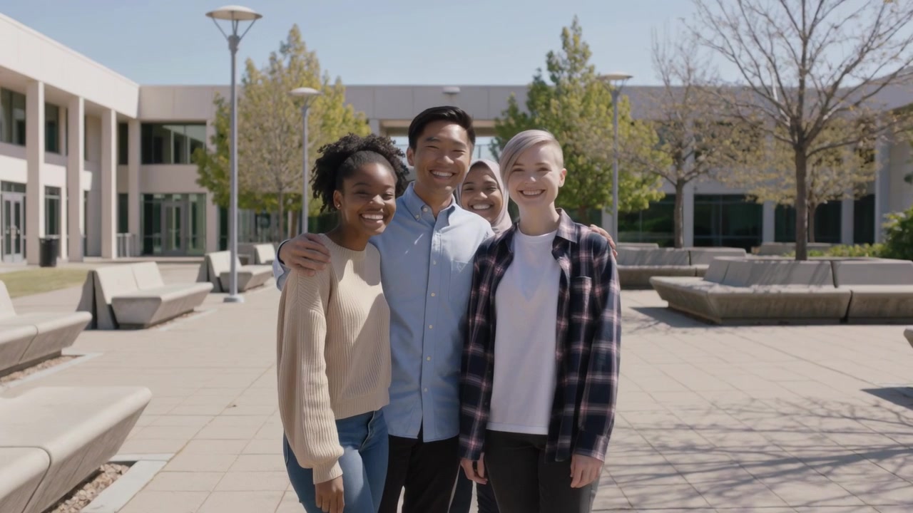 Camera zooming, four students closing ranks, linking arms and posing at campus plaza