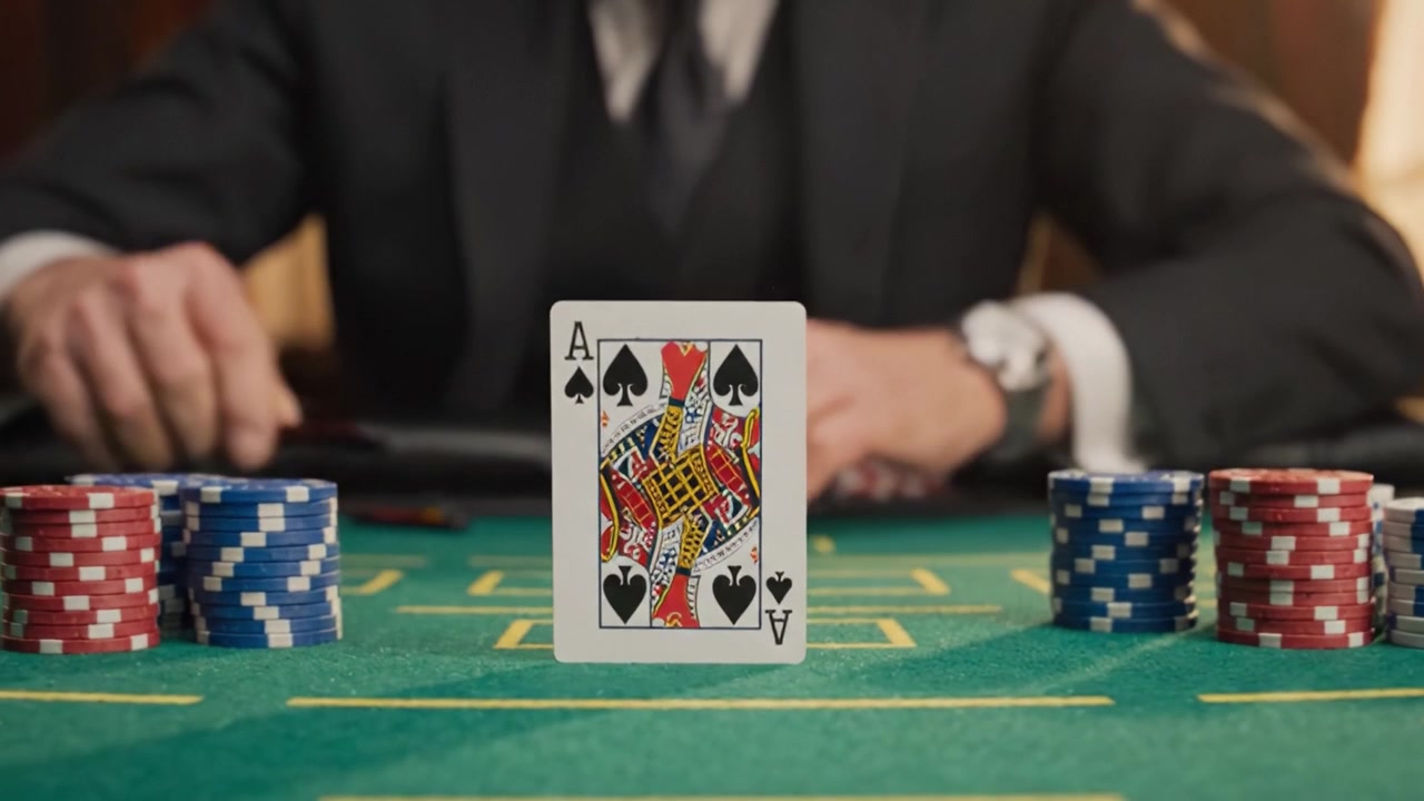 Un'intensa partita di strategia e fortuna: il momento di un giocatore al tavolo da gioco con attenzione focalizzata sulle mani vincenti tra pile di fiches colorate.