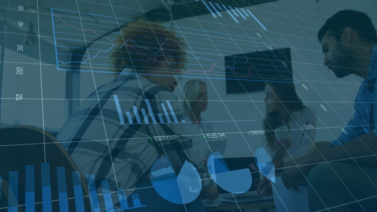 Group of business pros collaborating in conference room, viewing floating bar and pie charts