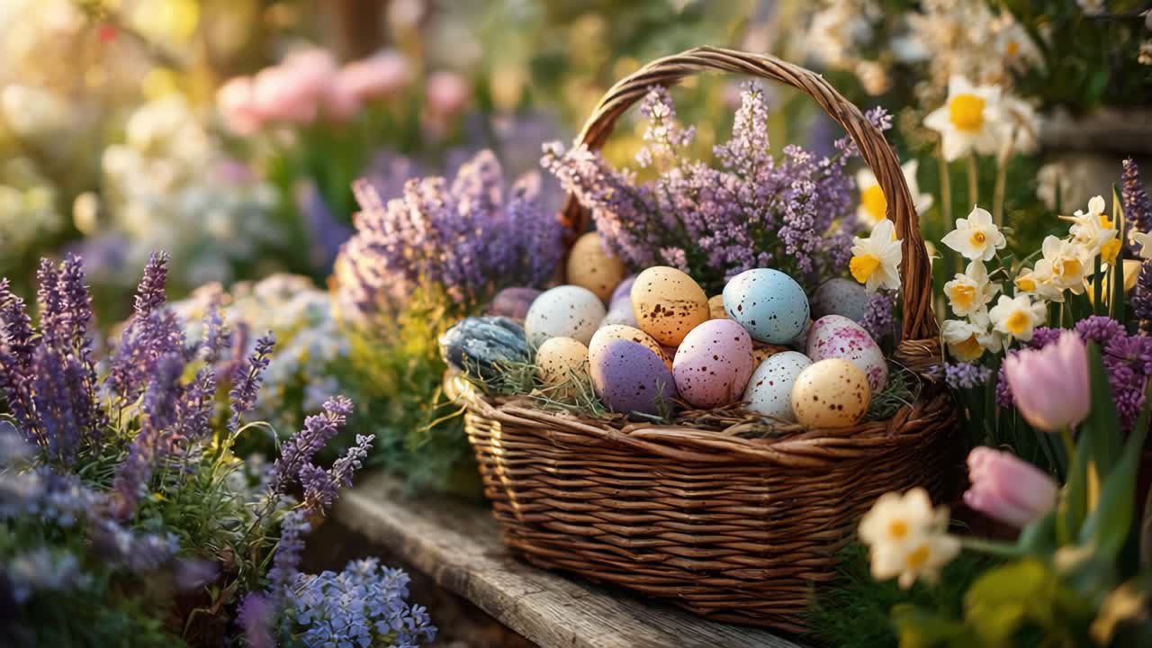 A Beautiful Basket Filled with Colorful Easter Eggs Nestled Amongst Vibrant Flowers in a Lush Garden Setting, Illuminated by Warm Natural Light