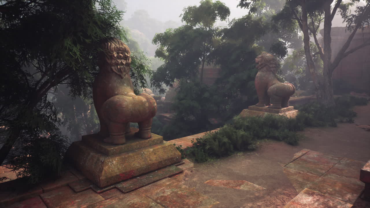 Ancient temple ruins with lion statues in the jungle of myanmar