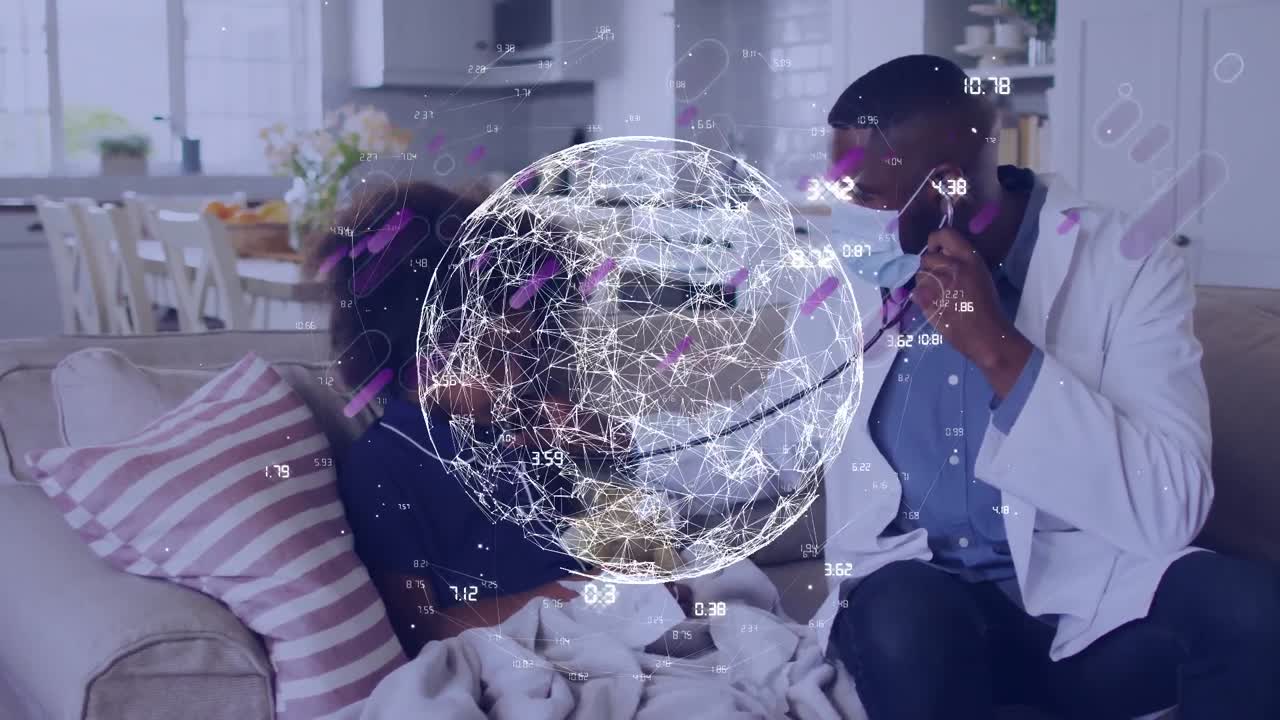Animation of data processing and globe over african american male doctor with patient