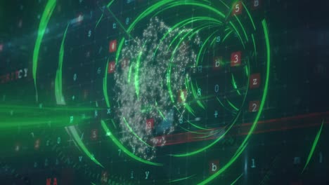 Neon-green-circular-tunnel-in-seamless-pattern-over-security-shield-and-cyber-security-technology