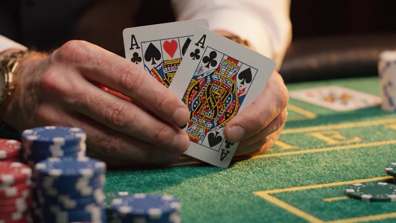 Momentos Intensos de um Jogo de Cartas de Alto Risco: Uma Visão em Close-Up de Mãos Vencedoras e Fichas de Poker na Mesa.