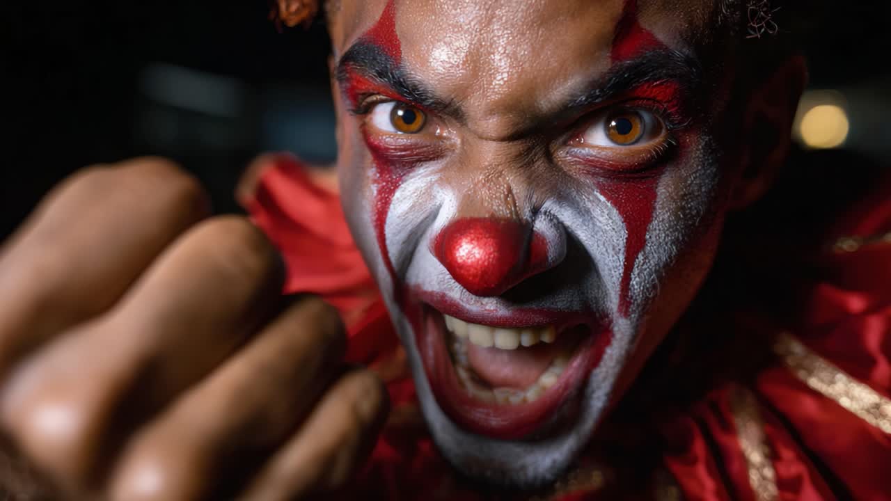 Intense Expression of a Clown Displaying Rage and Emotion, Featuring Detailed Makeup, Colorful Costume, and an Engaging Close-Up on an Eager Performer