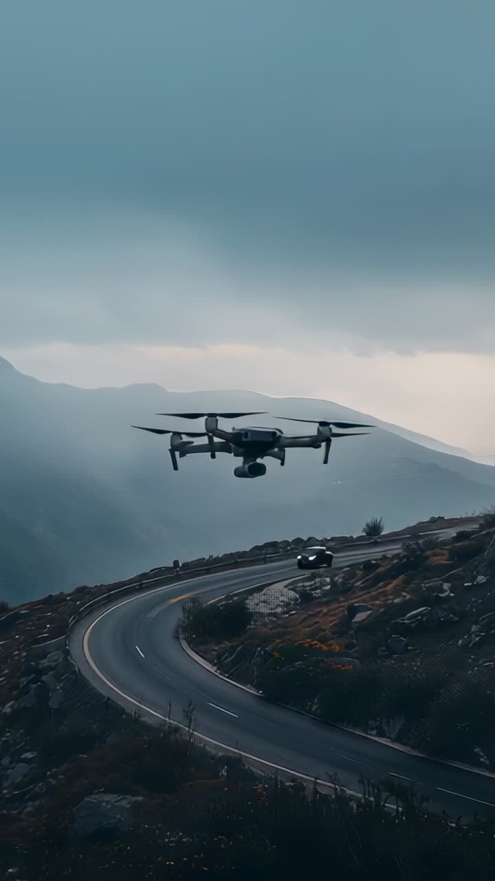 Video verticale: pilota che ordina a un drone con telecamera di volare, inclinandosi su una strada alpina, filmando un'auto che svolta