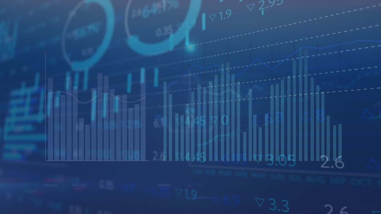 animación del procesamiento de datos estadísticos sobre el icono del botón de la batería brillante contra un fondo azul.
