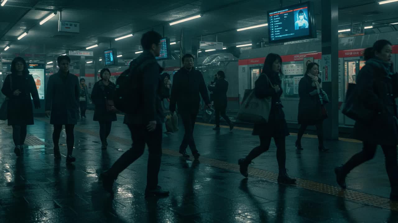 A Mysterious Evening in an Urban Train Station: Passengers Navigate the Dimly Lit Platform in a Rain-soaked Scene, Capturing the Mood of Daily Commutes