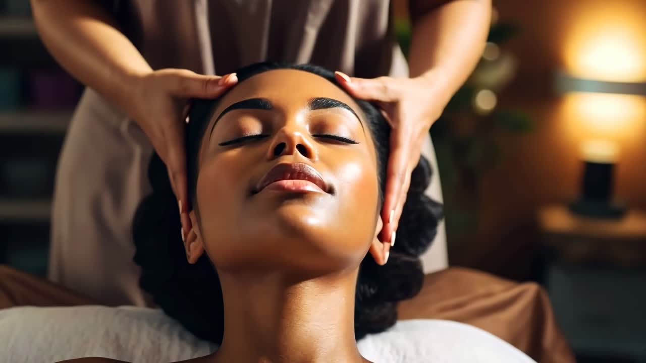 Close-up, soothing video scene of a woman receiving a head massage, shot from a low angle