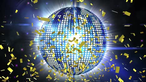 Golden-confetti-falling-over-shining-disco-ball-against-blue-spots-of-light-on-black-background