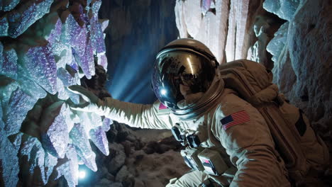 astronaut exploring a crystal cave on a new planet