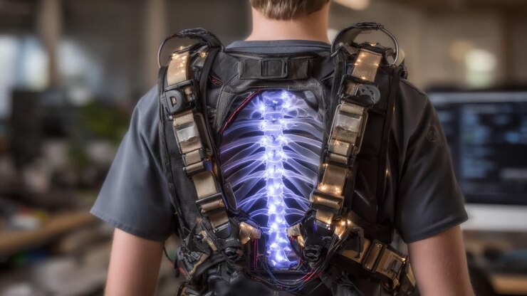 Futuristic Exoskeleton Harness Revealing Luminescent Rib Structure and Advanced Technology in a High-Tech Workspace Environment