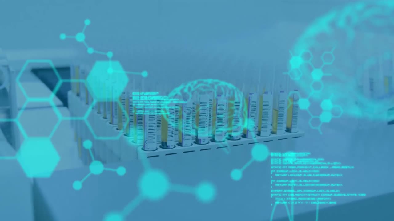 실험실에서 시험 튜브에서 데이터 처리의 애니메이션