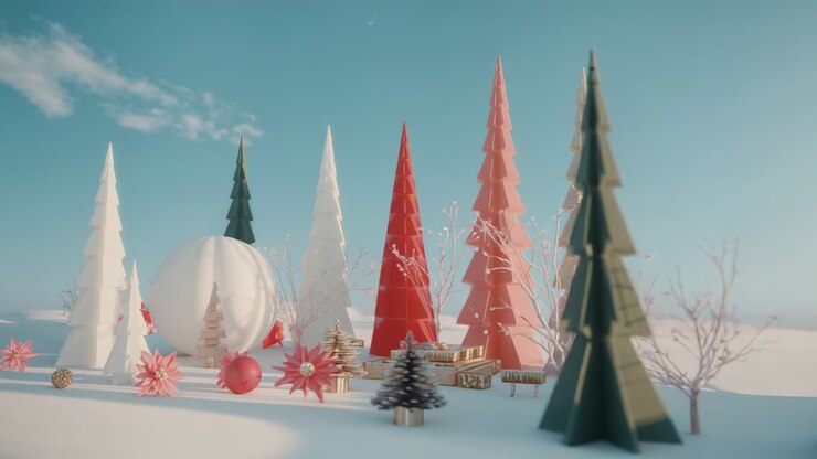 Panning camera sweeping through winter tableau over snow field revealing cone trees and gift boxes