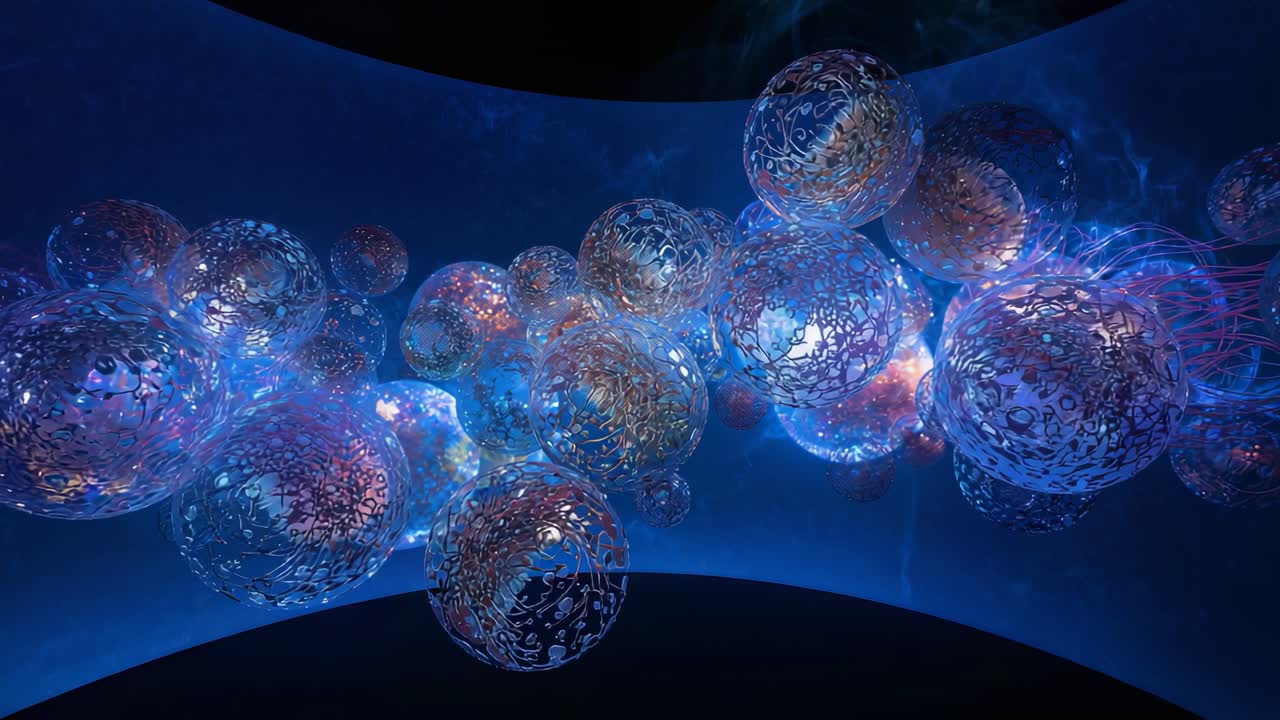 Shifting glass sphere cluster moving right as frames advance in blue dome, creating flowing display