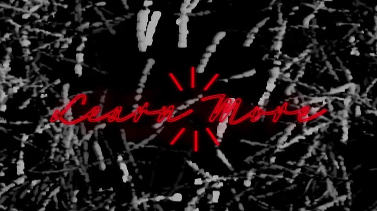 Animation of red neon text, learn more, over monochrome grass texture