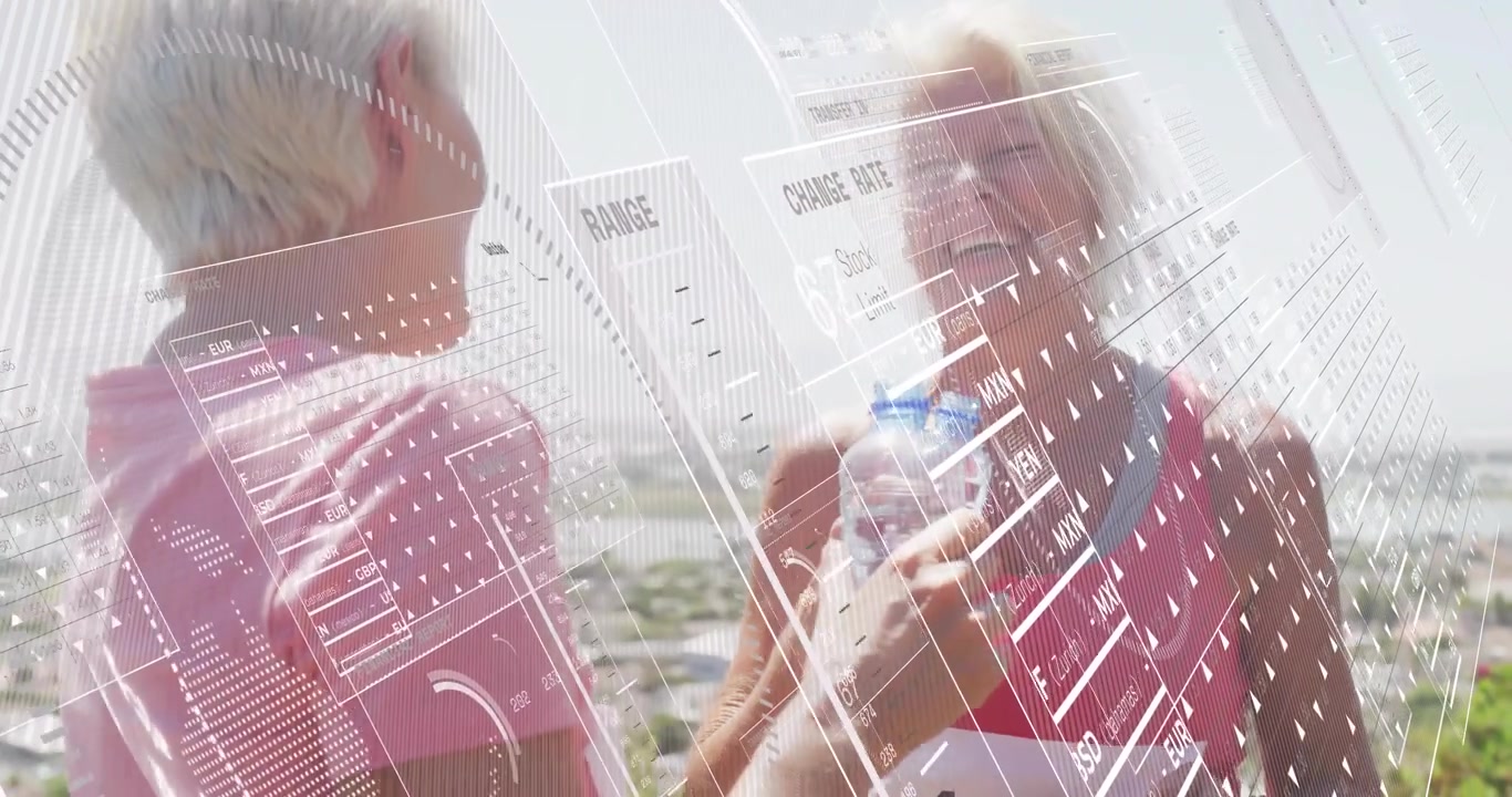 Senior Women Exercising and Drinking Water with Digital Data Overlay