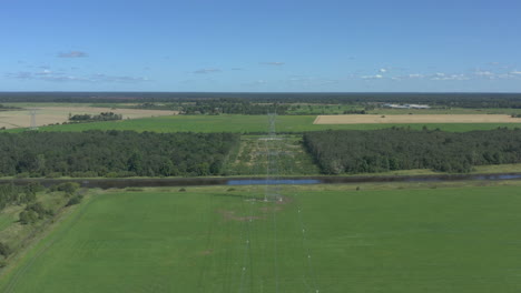 aerial view above power lines in a panoramic greenfield environment