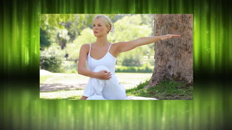 montaje de una mujer rubia haciendo yoga en el parque