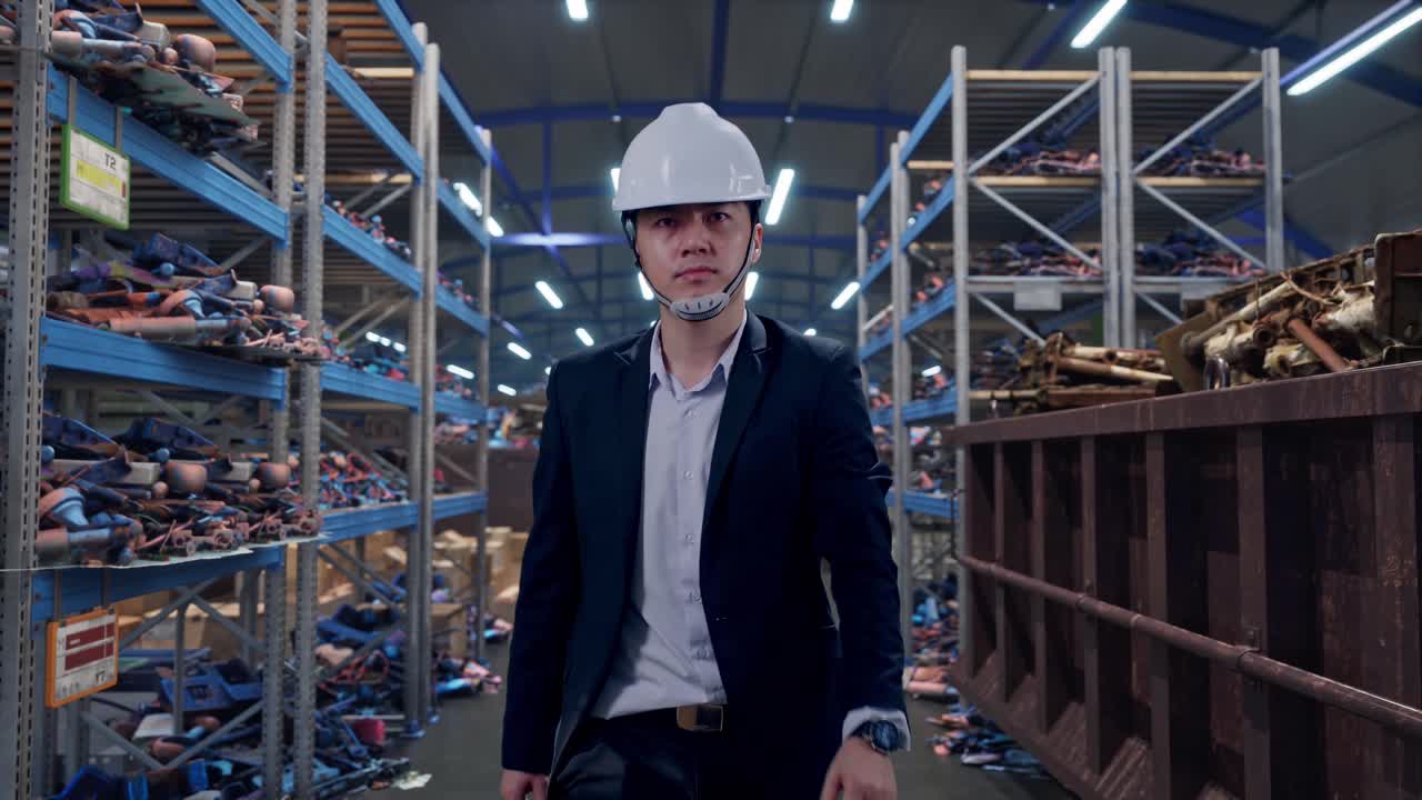 Uomo d'affari asiatico, vista frontale, che cammina e controlla l'ora sull'orologio in un magazzino industriale di rottami metallici e riciclaggio.