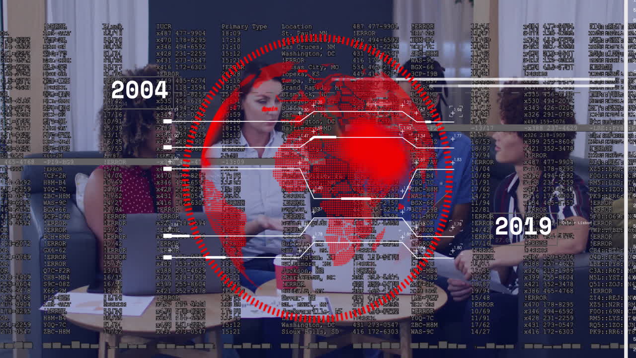 Digital data and world map animation over people working in office setting