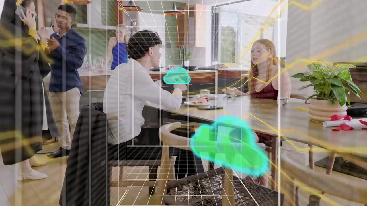Seated man reaching glass at table, phone tap sparking neon-lines and clouds near hands showing ads